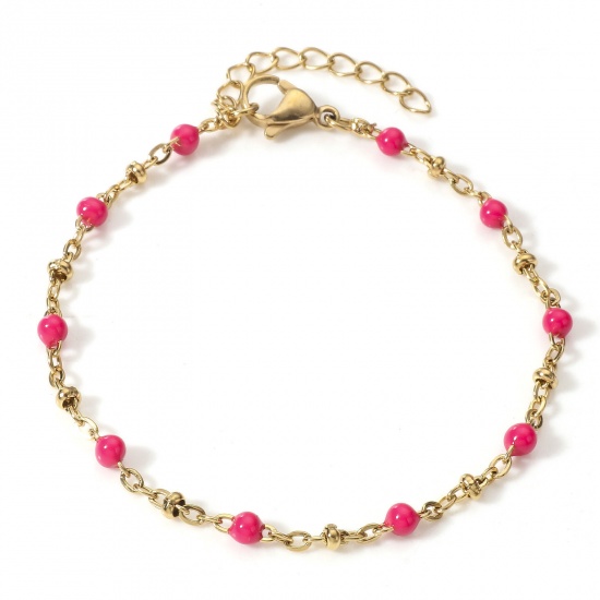 Picture of 1 Piece Vacuum Plating 304 Stainless Steel Handmade Link Chain Bracelets 18K Gold Plated Fuchsia Enamel 17cm(6 6/8") long