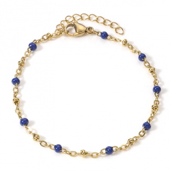 Picture of 1 Piece Vacuum Plating 304 Stainless Steel Handmade Link Chain Bracelets 18K Gold Plated Dark Blue Enamel 17cm(6 6/8") long