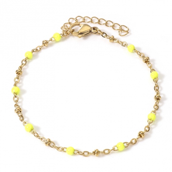 Picture of 1 Piece Vacuum Plating 304 Stainless Steel Handmade Link Chain Bracelets 18K Gold Plated Neon Yellow Enamel 17cm(6 6/8") long