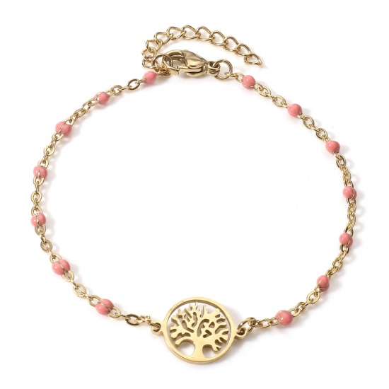 Picture of 304 Stainless Steel Link Cable Chain Bracelets 18K Gold Color Light Pink Tree of Life Enamel 18.5cm(7 2/8") long, 1 Piece