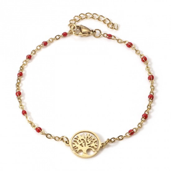 Picture of 304 Stainless Steel Link Cable Chain Bracelets 18K Gold Color Red Tree of Life Enamel 18.5cm(7 2/8") long, 1 Piece