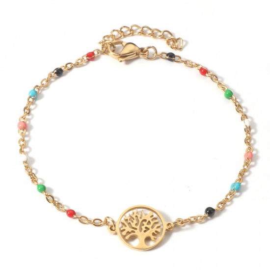 Picture of 304 Stainless Steel Link Cable Chain Bracelets 18K Gold Color Multicolor Tree of Life Enamel 18.5cm(7 2/8") long, 1 Piece