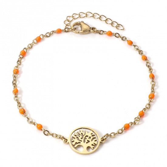 Picture of 304 Stainless Steel Link Cable Chain Bracelets 18K Gold Color Orange Tree of Life Enamel 18.5cm(7 2/8") long, 1 Piece