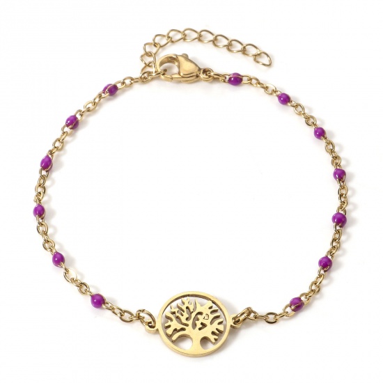 Picture of 304 Stainless Steel Link Cable Chain Bracelets 18K Gold Color Purple Tree of Life Enamel 18.5cm(7 2/8") long, 1 Piece