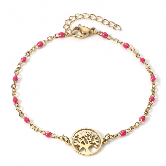 Picture of 304 Stainless Steel Link Cable Chain Bracelets 18K Gold Color Fuchsia Tree of Life Enamel 18.5cm(7 2/8") long, 1 Piece