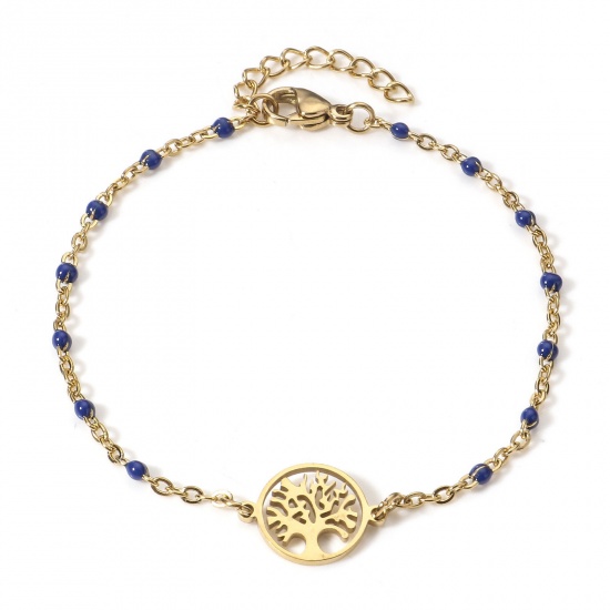 Picture of 304 Stainless Steel Link Cable Chain Bracelets 18K Gold Color Dark Blue Tree of Life Enamel 18.5cm(7 2/8") long, 1 Piece