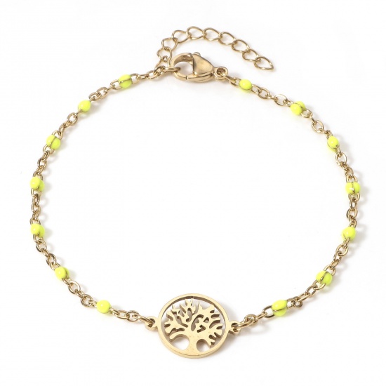 Picture of 304 Stainless Steel Link Cable Chain Bracelets 18K Gold Color Neon Yellow Tree of Life Enamel 18.5cm(7 2/8") long, 1 Piece
