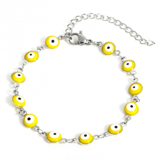 Picture of 304 Stainless Steel Religious Handmade Link Chain Bracelets Silver Tone Yellow Round Evil Eye With Lobster Claw Clasp And Extender Chain 16.5cm(6 4/8") long, 1 Piece