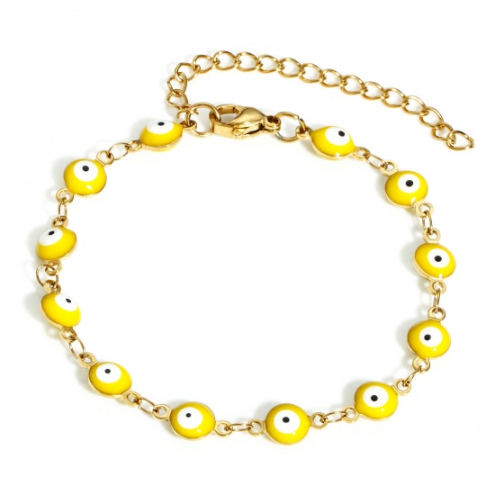 Picture of 304 Stainless Steel Religious Handmade Link Chain Bracelets Gold Plated Yellow Round Evil Eye With Lobster Claw Clasp And Extender Chain 16.5cm(6 4/8") long, 1 Piece
