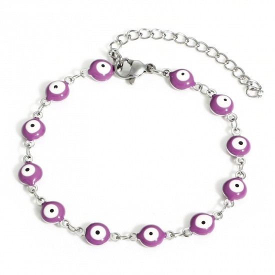 Picture of 304 Stainless Steel Religious Handmade Link Chain Bracelets Silver Tone Purple Round Evil Eye With Lobster Claw Clasp And Extender Chain 16.5cm(6 4/8") long, 1 Piece