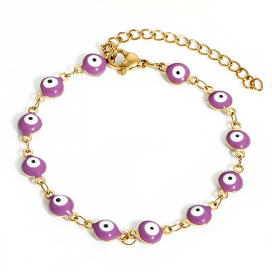 Picture of 304 Stainless Steel Religious Handmade Link Chain Bracelets Gold Plated Purple Round Evil Eye With Lobster Claw Clasp And Extender Chain 16.5cm(6 4/8") long, 1 Piece