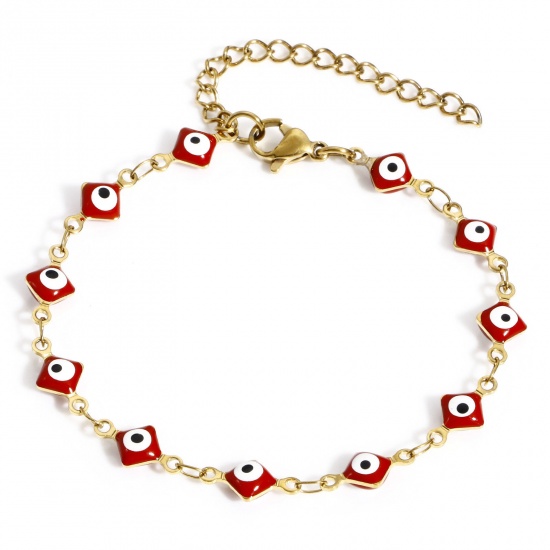 Immagine di 304 Acciaio Inossidabile Religione Catena a Maglia Fatta a Mano Braccialetti Oro Placcato Rosso Rombo Malocchio Con Aragosta Fermagli Fibbia e Catena di Estensione 16.5cm Lunghezza, 1 Pz