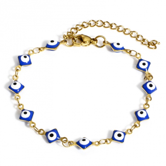 Immagine di 304 Acciaio Inossidabile Religione Catena a Maglia Fatta a Mano Braccialetti Oro Placcato Blu Marino Rombo Malocchio Con Aragosta Fermagli Fibbia e Catena di Estensione 16.5cm Lunghezza, 1 Pz