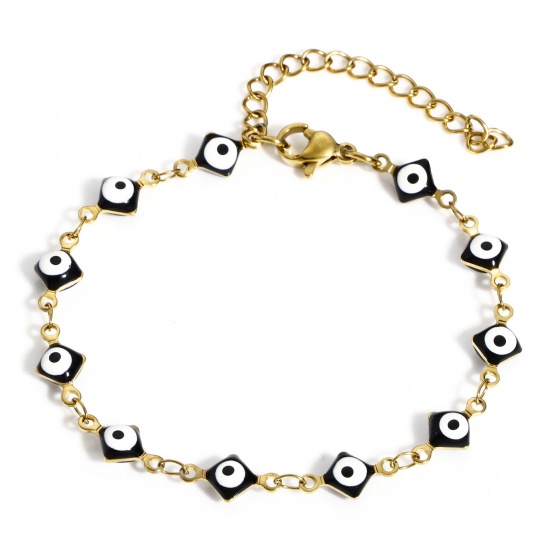 Immagine di 304 Acciaio Inossidabile Religione Catena a Maglia Fatta a Mano Braccialetti Oro Placcato Nero Rombo Malocchio Con Aragosta Fermagli Fibbia e Catena di Estensione 16.5cm Lunghezza, 1 Pz