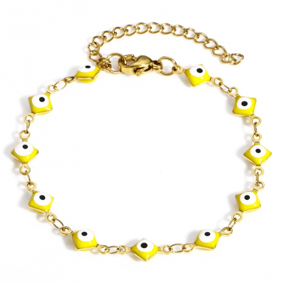 Immagine di 304 Acciaio Inossidabile Religione Catena a Maglia Fatta a Mano Braccialetti Oro Placcato Giallo Rombo Malocchio Con Aragosta Fermagli Fibbia e Catena di Estensione 16.5cm Lunghezza, 1 Pz