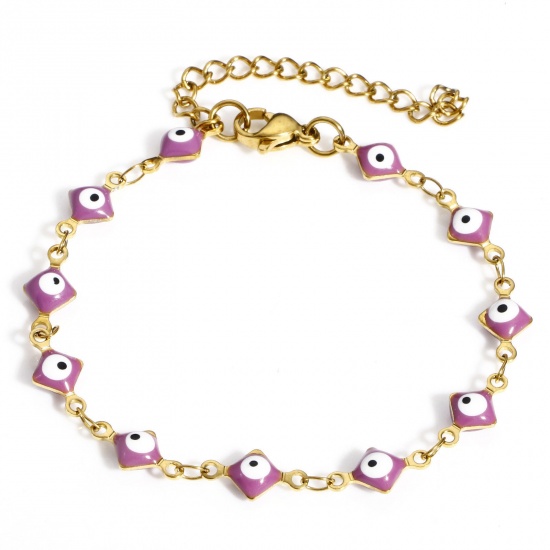 Immagine di 304 Acciaio Inossidabile Religione Catena a Maglia Fatta a Mano Braccialetti Oro Placcato Colore Viola Rombo Malocchio Con Aragosta Fermagli Fibbia e Catena di Estensione 16.5cm Lunghezza, 1 Pz