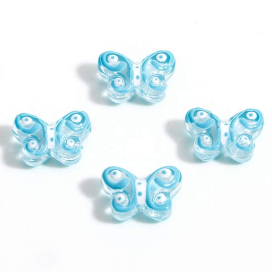 Picture of Lampwork Glass Insect Beads For DIY Charm Jewelry Making Butterfly Animal Blue Enamel About 15mm x 10mm, Hole: Approx 1mm, 5 PCs