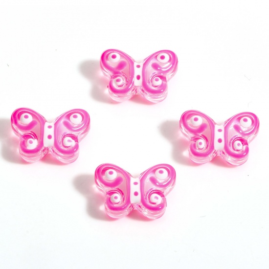 Picture of Lampwork Glass Insect Beads For DIY Charm Jewelry Making Butterfly Animal Fuchsia Enamel About 15mm x 10mm, Hole: Approx 1mm, 5 PCs