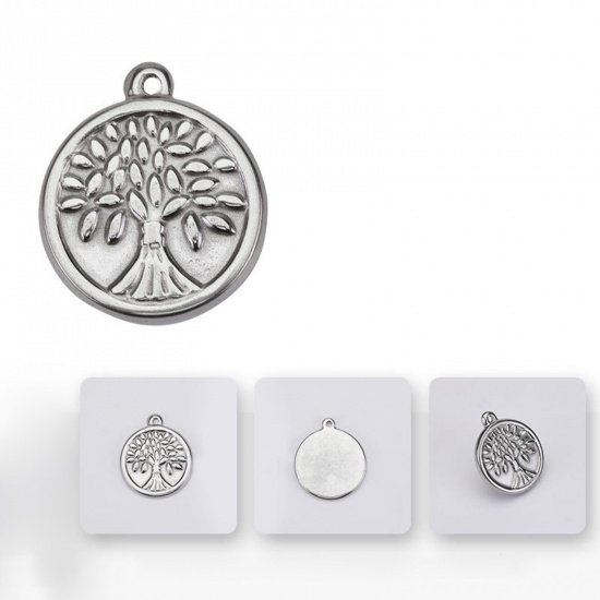 Picture of 304 Stainless Steel Retro Charms Gray Round Tree of Life 25mm x 23mm, 2 PCs