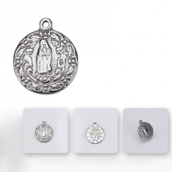 Picture of 304 Stainless Steel Religious Charms Gray Round Virgin Mary Vintage 20mm x 18mm, 2 PCs