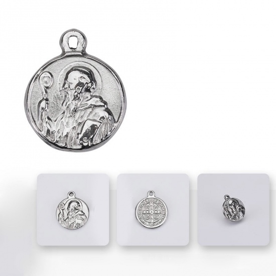 Picture of 304 Stainless Steel Retro Charms Gray Round Religious Figure 16.5mm x 14.5mm, 2 PCs