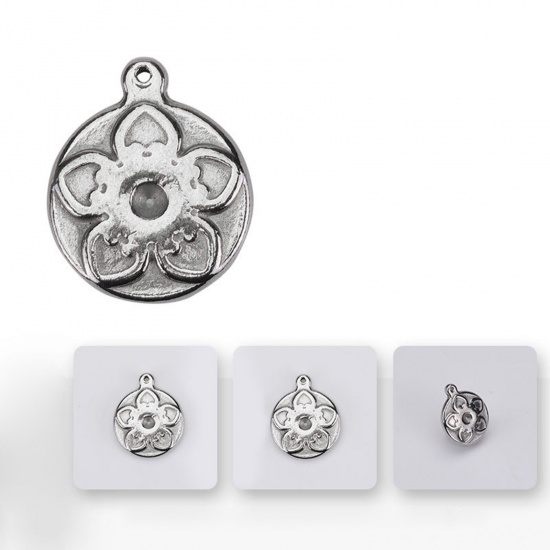 Picture of 304 Stainless Steel Retro Charms Gray Round Flower 18mm x 16mm, 2 PCs