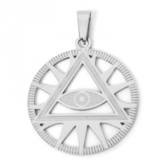 Image de Pendentifs en 304 Acier Inoxydable Religieux Rond Argent Mat L'oeil d'Horus 3.4cm x 3cm , 1 Pièce