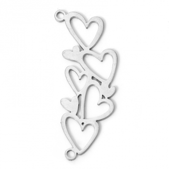 Picture of 304 Stainless Steel Stylish Pendants Silver Tone Heart Hollow 3.2cm x 1.2cm, 2 PCs