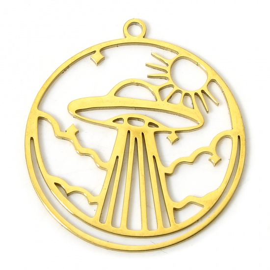 Picture of 304 Stainless Steel Stylish Charms Gold Plated Spaceship Sun 2.7cm x 2.3cm, 2 PCs