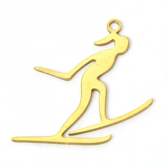 Picture of 304 Stainless Steel Sport Charms Gold Plated Ski Board Woman 2.5cm x 2cm, 2 PCs