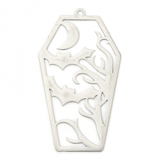 Picture of 304 Stainless Steel Gothic Pendants Silver Tone Coffin Halloween Bat Hollow 4.7cm x 2.8cm, 3 PCs