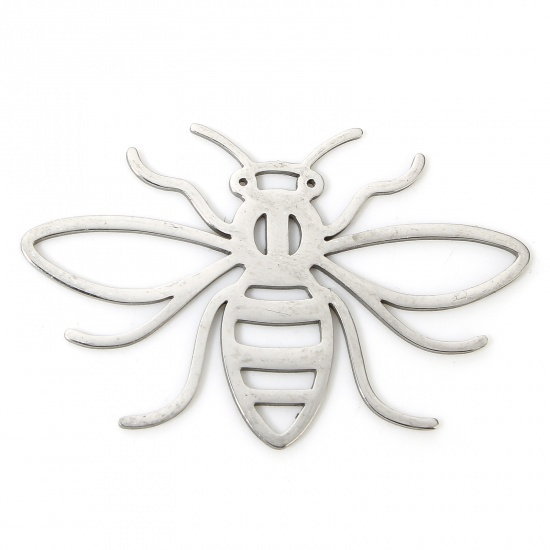 Picture of 304 Stainless Steel Insect Pendants Silver Tone Bee Animal Hollow 3.3cm x 1.8cm, 3 PCs