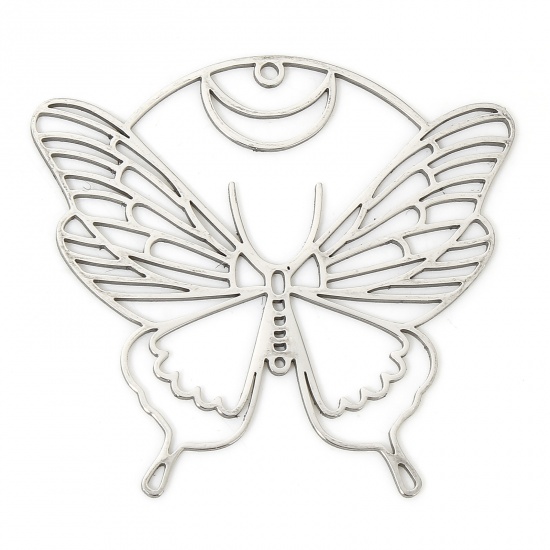 Picture of 304 Stainless Steel Insect Pendants Silver Tone Butterfly Animal Hollow 3.5cm x 3.4cm, 3 PCs