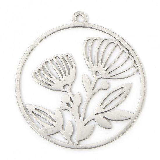 Picture of 304 Stainless Steel Simple Pendants Silver Tone Round Flower Hollow 3.1cm x 2.9cm, 3 PCs