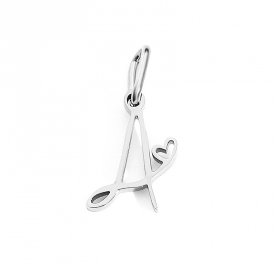 Image de 2 Pcs Breloques en 304 Acier Inoxydable Argent Mat Alphabet Majuscule Lettre Initiale Cœur Gravé Mots " A " avec Anneaux 10mm Dia.