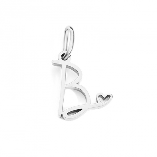 Image de 2 Pcs Breloques en 304 Acier Inoxydable Argent Mat Alphabet Majuscule Lettre Initiale Cœur Gravé Mots " B " avec Anneaux 10mm Dia.