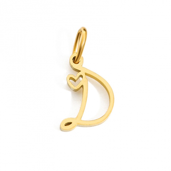 Image de 2 Pcs Breloques en 304 Acier Inoxydable Revêtement sous Vide PVD Respectueux de l'Environnement Alphabet Majuscule Lettre Initiale Plaqué Or 14K Cœur Gravé Mots" D " avec Anneaux 10mm Dia.