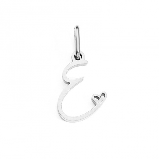 Image de 2 Pcs Breloques en 304 Acier Inoxydable Argent Mat Alphabet Majuscule Lettre Initiale Cœur Gravé Mots " E " avec Anneaux 10mm Dia.