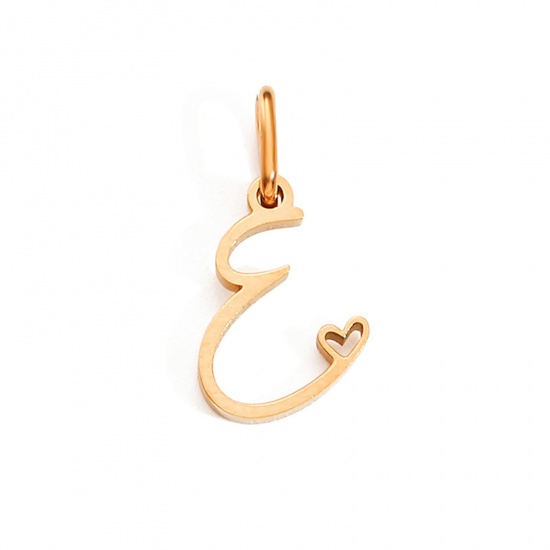 Image de 2 Pcs Breloques en 304 Acier Inoxydable Or Rose Alphabet Majuscule Lettre Initiale Cœur Gravé Mots " E " avec Anneaux 10mm Dia.