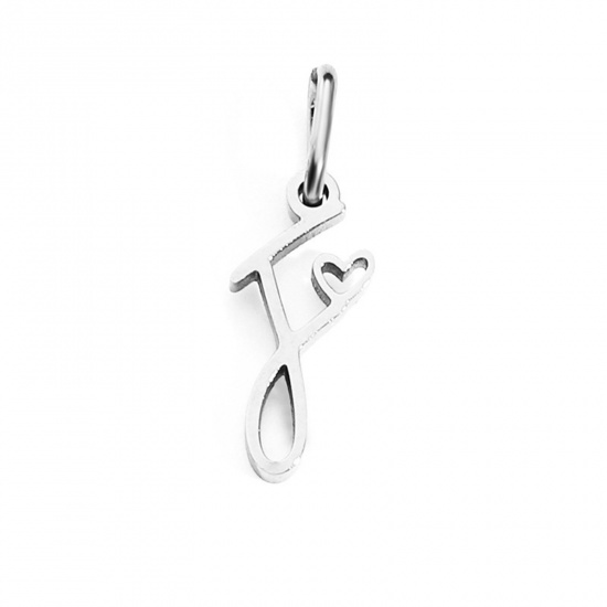 Image de 2 Pcs Breloques en 304 Acier Inoxydable Argent Mat Alphabet Majuscule Lettre Initiale Cœur Gravé Mots " F " avec Anneaux 10mm Dia.