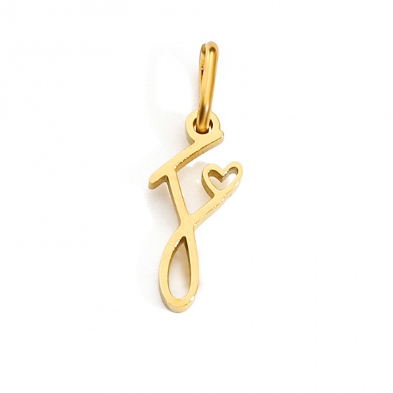 Image de 2 Pcs Breloques en 304 Acier Inoxydable Revêtement sous Vide PVD Respectueux de l'Environnement Alphabet Majuscule Lettre Initiale Plaqué Or 14K Cœur Gravé Mots" F " avec Anneaux 10mm Dia.