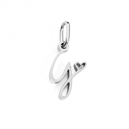Image de 2 Pcs Breloques en 304 Acier Inoxydable Argent Mat Alphabet Majuscule Lettre Initiale Cœur Gravé Mots " G " avec Anneaux 10mm Dia.