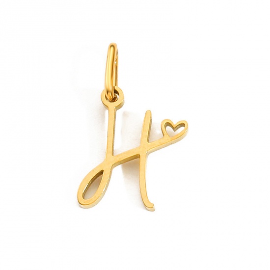 Image de 2 Pcs Breloques en 304 Acier Inoxydable Revêtement sous Vide PVD Respectueux de l'Environnement Alphabet Majuscule Lettre Initiale Plaqué Or 14K Cœur Gravé Mots" H " avec Anneaux 10mm Dia.