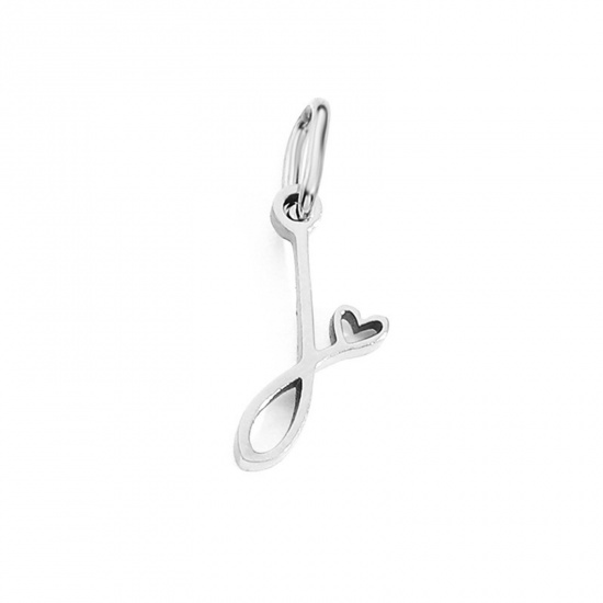 Image de 2 Pcs Breloques en 304 Acier Inoxydable Argent Mat Alphabet Majuscule Lettre Initiale Cœur Gravé Mots " J " avec Anneaux 10mm Dia.