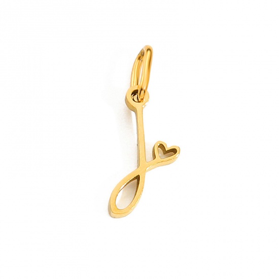 Image de 2 Pcs Breloques en 304 Acier Inoxydable Revêtement sous Vide PVD Respectueux de l'Environnement Alphabet Majuscule Lettre Initiale Plaqué Or 14K Cœur Gravé Mots" J " avec Anneaux 10mm Dia.
