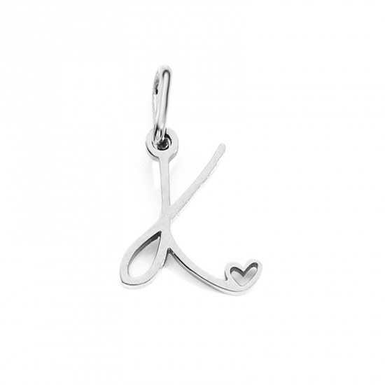 Image de 2 Pcs Breloques en 304 Acier Inoxydable Argent Mat Alphabet Majuscule Lettre Initiale Cœur Gravé Mots " K " avec Anneaux 10mm Dia.