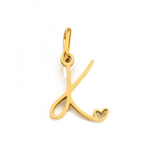 Image de 2 Pcs Breloques en 304 Acier Inoxydable Revêtement sous Vide PVD Respectueux de l'Environnement Alphabet Majuscule Lettre Initiale Plaqué Or 14K Cœur Gravé Mots" K " avec Anneaux 10mm Dia.
