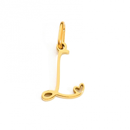 Image de 2 Pcs Breloques en 304 Acier Inoxydable Revêtement sous Vide PVD Respectueux de l'Environnement Alphabet Majuscule Lettre Initiale Plaqué Or 14K Cœur Gravé Mots" L " avec Anneaux 10mm Dia.