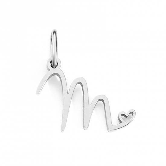 Image de 2 Pcs Breloques en 304 Acier Inoxydable Argent Mat Alphabet Majuscule Lettre Initiale Cœur Gravé Mots " M " avec Anneaux 10mm Dia.