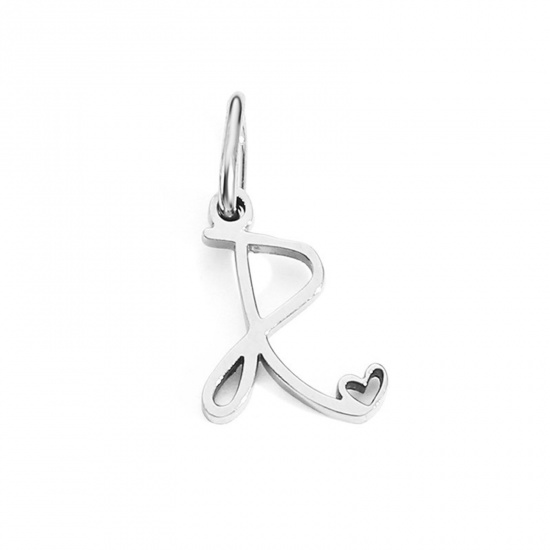 Image de 2 Pcs Breloques en 304 Acier Inoxydable Argent Mat Alphabet Majuscule Lettre Initiale Cœur Gravé Mots " R " avec Anneaux 10mm Dia.